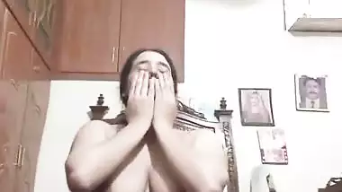 Long hair wife shows naked body curves in shyness